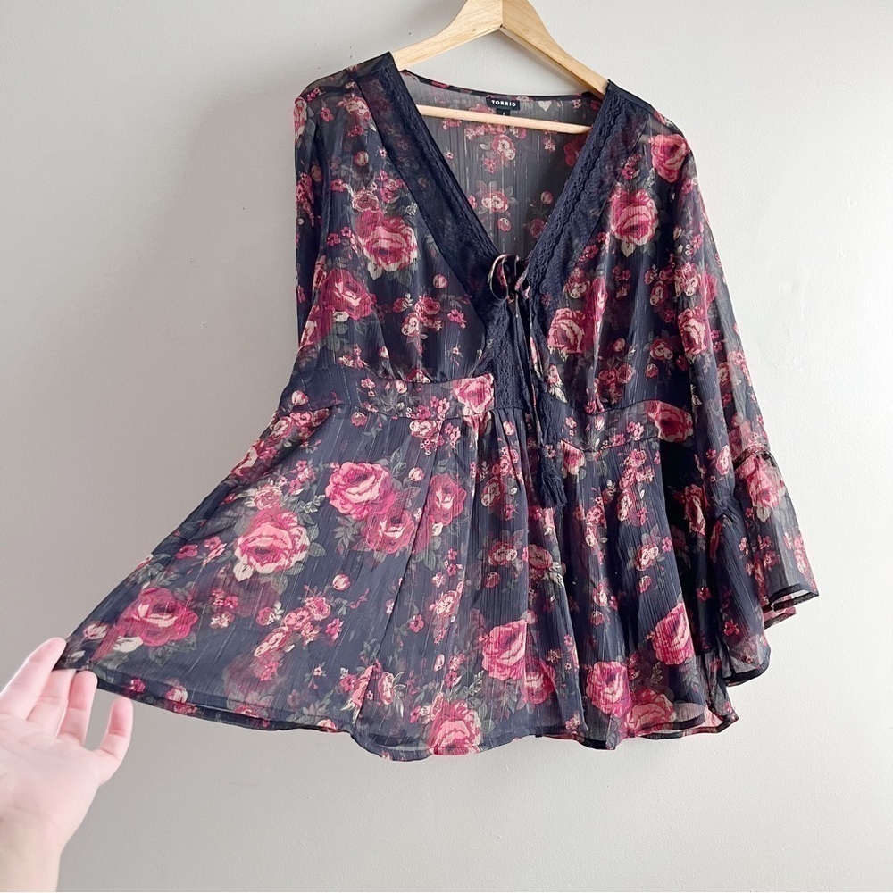Torrid Babydoll Chiffon Lurex Crochet Lace-Up Sheer Blouse, Black Red Floral, 1X - Picture 8 of 14